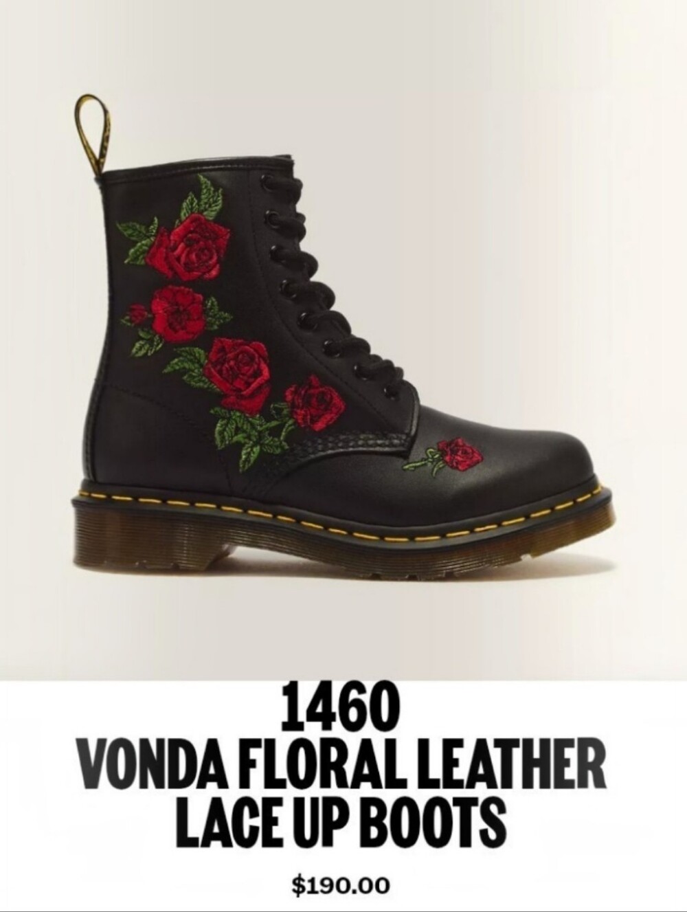 New Dr. Martens 1460 Vonda Black Leather Boots w/Rose Embroidery - Picture 10 of 11